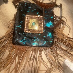 American Darling Black and Teal Crossbody Bag with Fringe